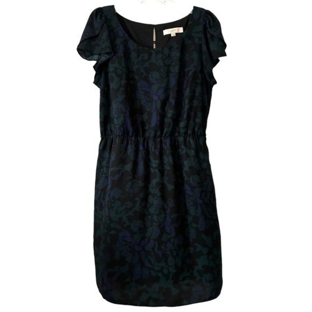 LOFT‎ Women's Black/Forest Green/Navy Floral Short Sleeved Dress in Size 12
